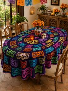 1 pieza Mantel redondo del Día de Muertos, mantel de poliéster con estampado de tiras de papel de calaveras coloridas, estilo mexicano para mesa de comedor, cocina, fiesta del Día de Muertos, celebración festiva y decoración del hogar - Multicolor - Ver 16