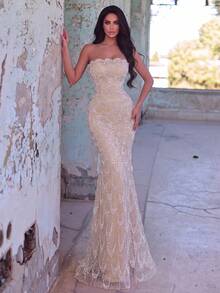 Elegant Mermaid Strapless Evening Gown - Exquisite Embroidered Sequin Formal Dress Fall Wedding Party - Champagne - View 10