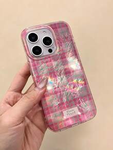 Vintage Rose Pink Plaid Glacier Phone Case, Compatible With IPhone 17 Pro Max 17 Pro 17 16 Pro Max 16 Pro 16 15 Pro Max 15 Pro 15 14 Pro Max 14 Pro 13 Pro Max 12 Pro Max 11, Fashionable Shockproof Anti-Drop Phone Case - Rose Pink - View 3