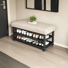 Shoe Changing Bench,2-Tier Iron Shoe Rack, Padded Seat Ottoman For Entryway Hallway - 80CM Shoe Changing Bench - View 3