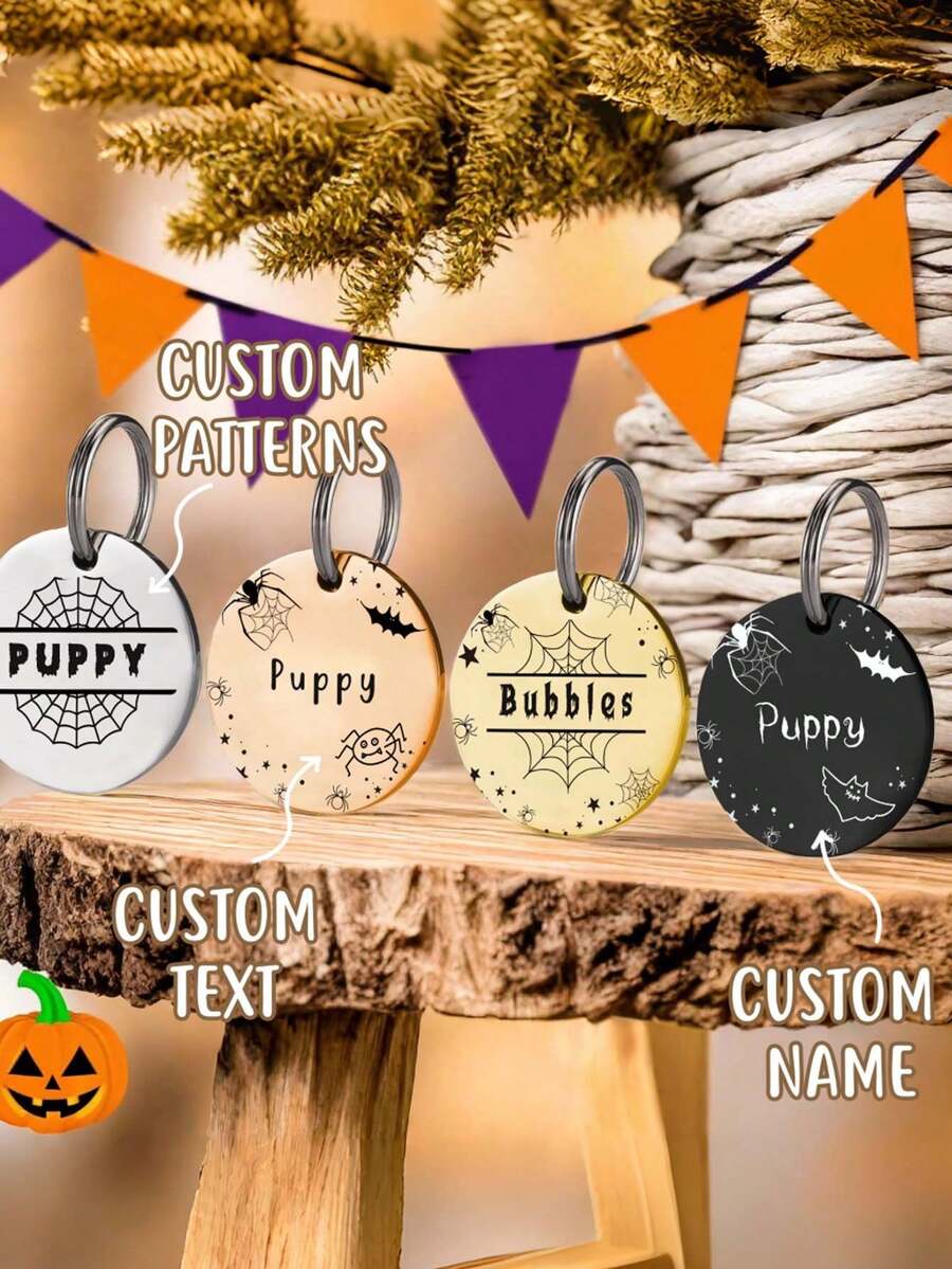 1pc Personalized Halloween Pet Ear-Shaped ID Tag - Customizable Round Halloween Pattern And Number Engraved Dog Cat Collar Tag