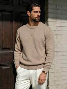 Autumn/Winter New Solid Color Loose Comfortable Retro Round Neck Commuting Sports Minimalist Unisex Casual Long Sleeve Knit Top - Apricot - View 3
