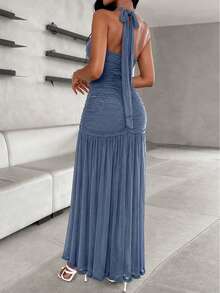 ChicMe Gaun Malam Elegan Wanita dengan Detail Kerut, Tali Leher, Tanpa Punggung, Belahan Tinggi, dan Potongan Duyung. - Dusty Blue - View 2