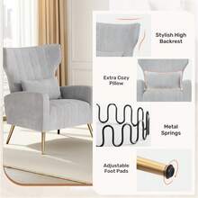 Nalupatio Modern Velvet Accent Chair, High Back Armchair With Lumbar Support & Gold Metal Legs, Comfy Upholstered Lounge Reading Chair For Living Room, Bedroom, Home Office - Light Grey - View 4