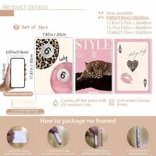 3 Width Leopard Print Cheetah Wall Painting, No. 6 Lucky Pattern Canvas Painting, Pink Girly Style Poster, College Style Luxurious Decoration, Suitable For Bedroom, Living Room, Or Dormitory Decoration, Gift For Her, Frame Not Included - Multicolor - View 13