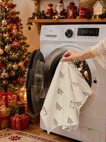 2PCS Minimalist Christmas Tree Pattern Kitchen Towels, Rectangular Soft Microfiber Polyester Material, Dish Cloth, Scouring Pad, Hand Towel, Cooking Baking Tea Towel, Christmas Kitchen Decor, Housewarming Gift, Birthday Gift, Bathroom Cleaning Cloth, Decorative Towel - Apricot - View 8