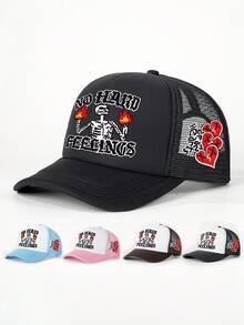 1pc 2026 New Breathable Mesh Cap, Flame Skull Rose Heart Embroidery Design, Suitable For Summer Outdoor Entertainment, Fashionable Outfit - Fire Skull - View 8