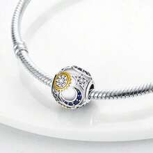 1pc Silver-Plated Starry Sky Moon & Star Spacer Bead, Sun Moon Five-Pointed Star Dual-Color Color-Blocked Zirconia Design, Multiple Styles Dreamy Universe Embossed, Compatible With Basic Snake Chain Bracelet, For Handmade DIY Jewelry Making And Romantic Starry Sky Theme Gifts - Multicolor - View 3