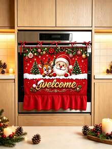 Christmas Oven Door Curtain, Santa Claus And Reindeer Welcome Print, Red Ruffle Trim Hanging Decor, Suitable For Kitchen, Holiday Party, Farmhouse Home Decor - D - View 8