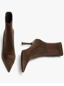 Women's Minimalist Office Style Flared Heel Pointed Toe Elastic Sock Ankle Boots - Coffee Brown - View 2