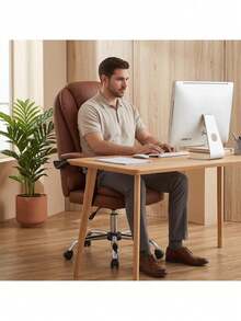 Office Chair With Adjustable Height, Brown Faux Leather Upholstery, PPU Foam Padding, High Backrest With Lumbar Support, Padded Armrests, Swivel Base And Polyurethane Wheels For Home Office, Study And Desk Work - Brown - View 6