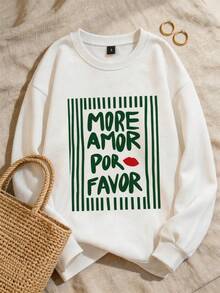 1 pieza Sudadera holgada de moda con cuello redondo y manga larga para mujer, estilo INS con estampado divertido de rayas en inglés "MORE AMOR POR FAVOR", capa base para otoño/invierno, prenda exterior, top Y2K para mujer - Blanco - Ver 3