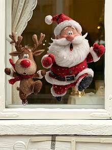 1pc Funny Surprise Peeking Santa Claus And Reindeer Glass Sticker, Static Cling Window Decal, Double-Sided Visible Reusable Sticker, Suitable For Home, Bistro, Storefront Christmas Winter Holiday Party Window Decoration - Red and White - View 4