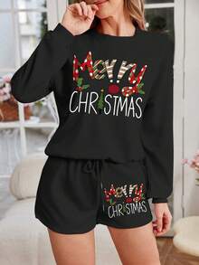 Women's Christmas Happy Letter Print Pajama Set, Drawstring Sports Shorts Set, 2 Pieces Set, Suitable For Home Wear, Sports Warmth, Suitable For Autumn/Winter Season - Black - View 6