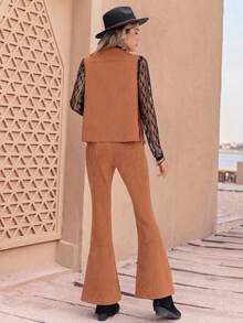Women's Brown Tassel Vest & Flared Pants 2 Pieces Set, Suitable For Music Festivals, Parties And Vacations - Khaki - View 2