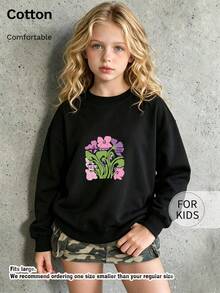 Tween Girl Crew Neck Sweatshirt, Vintage Pink Purple Floral 2023 Print Pullover - Black - View 3