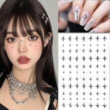 2/4 Sheets Black Silver Cross Round Dot Face Stickers Eye Nail Gem Decals Self-Adhesive Sticker For Music Festival Y2K Party Makeup Body Decor Concert Look Face Gems - Multicolor - View 7
