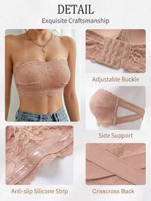 Women's Bandeau Lace Bra, Wireless Cross Back Support, Anti-Slip Side Support, Adjustable Buckle, No Padding Bandeau Bra, Suitable For Matching With Dresses And Tops - Champagne - View 7