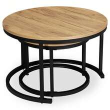 2-Piece Round Nesting Coffee Table Set, Industrial Loft Side Tables With Craft Oak-Effect Tops & Black Metal Frames, Space-Saving Living Room Furniture, Large 70cm & Small 50cm Tables - Brown - View 5