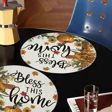 1/4/6pcs Autumn Collection Cross, Pumpkin Sunflower, Text Hand-Painted Pattern Placemats, Suitable For Home Kitchen, Made Of Polyester Fiber, Kitchen Table Decoration, And Party Scene Decoration - Multicolor - View 6