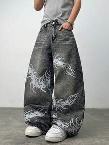 1pc Justice Brother Casual Personalized Print American Street Style Men's Distressed Wide Leg Jeans, Loose Fit Versatile Trousers (Belt And Accessories Not Included) - Grey - View 5