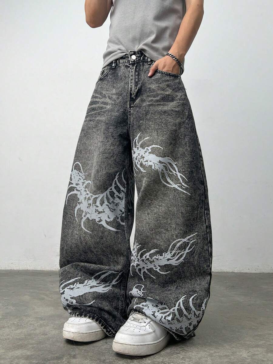 1 buah Celana Jeans Pria Gaya Jalanan Amerika Kasual Justice Brother dengan Cetakan Personalisasi, Potongan Lebar, Longgar dan Serbaguna (Sabuk dan Aksesoris Tidak Termasuk) - Grey - View 1
