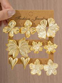 2/12PCS Gold Metal Floral Heart Earring Set, Vintage Embossed Flower Stud Earrings, Versatile For Commute, Vacation, Daily Wear And Dating - Gold - View 6