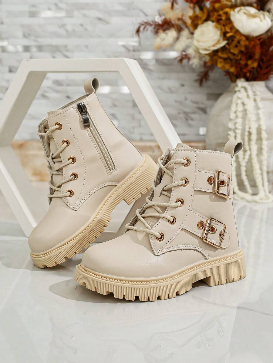 Girls' Double Metal Buckle Boots, Autumn/Winter New Side Zipper Lace-Up Thick Sole Fashion British Style Ankle Boots - Beige - View 1