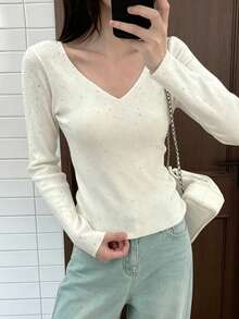 Minimalist Sexy Hot Girl Style Heavy Rhinestone Embellished Base Layer Top Women's Inner Wear New Korean Design V-Neck Blouse White - White - View 2