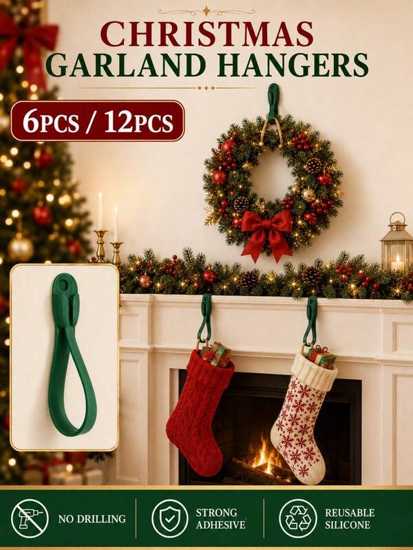 6/12Pcs Multi-Purpose Christmas Wreath Hooks Reusable Silicone Self-Adhesive Hangers For Fireplace Stockings Door Frames Stair Railings Holiday Decor Waterproof Damage-Free Wall Mount Ornament Holders Festive Home Decoration