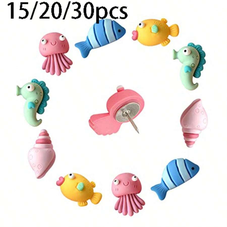 15/20/30pcs Cute Seahorse Shell Octopus Creative Push Pins, Cute Push Pins, Cork Board Push Pins, For Cork Board, Photo Wall, Bulletin Board, Office Or Home Decor, Random Styles - A - View 1