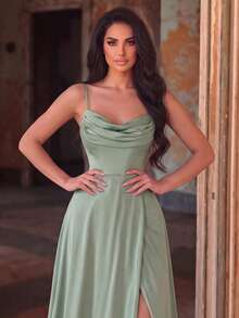 Faeriesty Elegant Spaghetti Strap Evening Gown With Ruched Bodice And High Slit Design - Formal Occasion Dress For Spring/Summer Fall Wedding - Mint Green - View 3