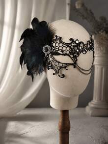 Vintage Gothic Black Lace Feather Masquerade Mask With Rhinestone Chain Eye Cover, Women's Halloween Party Wedding Cosplay Costume Accessory - Multicolor - View 11