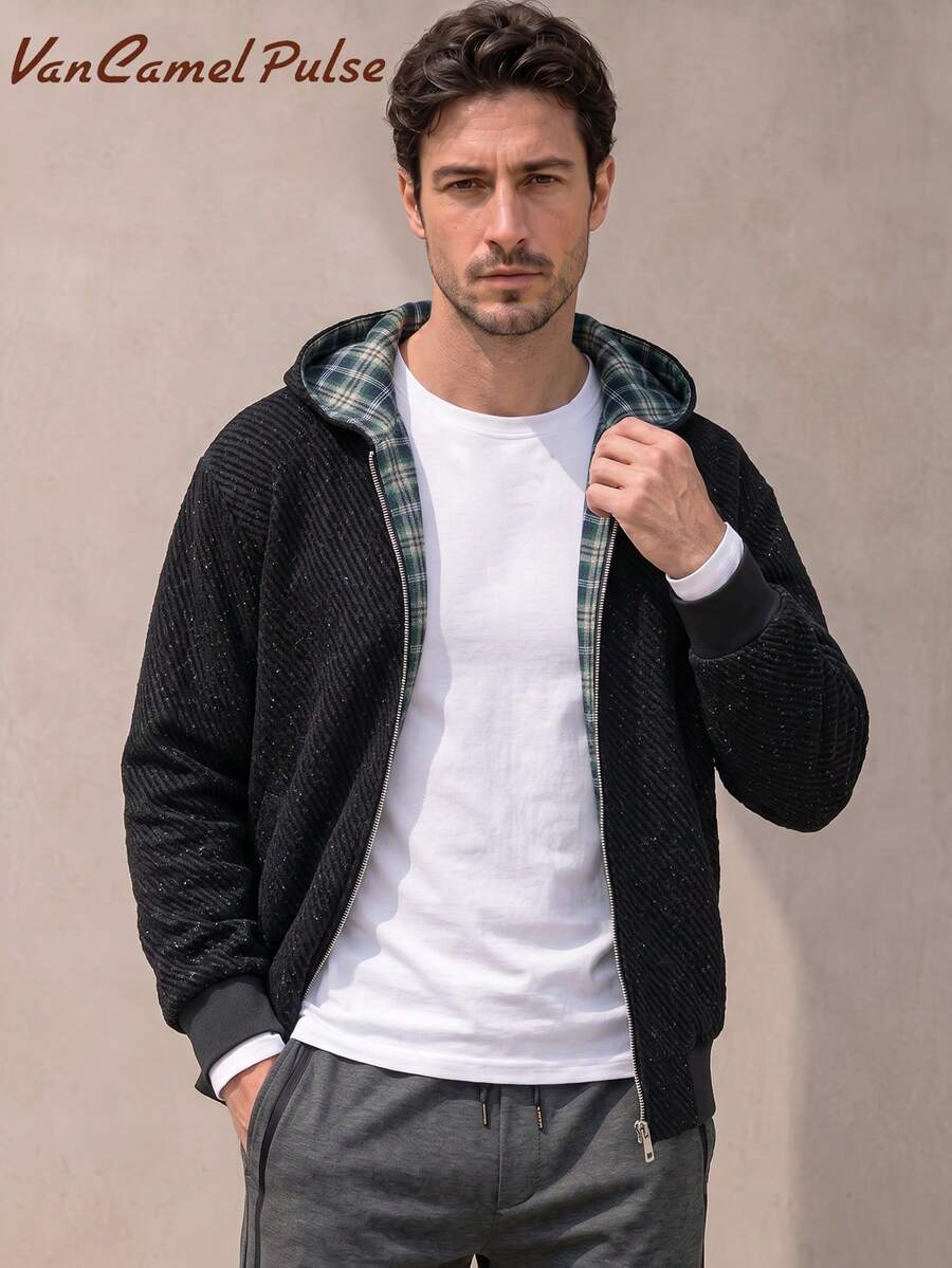 Vancamel Pulse Men's Solid Color Hooded Versatile Jacket, Outdoor Hiking Climbing Warm Sports Coat - Black - View 1