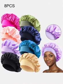 8pcs Women's Multicolor Satin Wide Brim Sleep Cap Hair Bonnet Suitable For Daily Use - Multicolor - View 8
