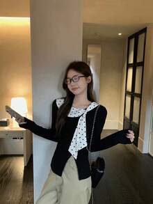 Women's Black Polka Dot Ruffle Collar Long Sleeve T-Shirt, Autumn High-End Slim Fit Split Hem Flattering Versatile Top - Black - View 4