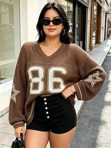 Plus Size Women's Summer Couple Matching Plus Size Loose Sweatshirt, Numeric Print Casual Relaxed Style Outerwear, Elegant Sheer Knit Top Spring - Coffee Brown - View 10