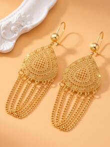 2pcs Personalized Water Drop Hollow Carved Tassel Pendant Earrings, Suitable For Women's Daily Commute Wear - Gold - View 1