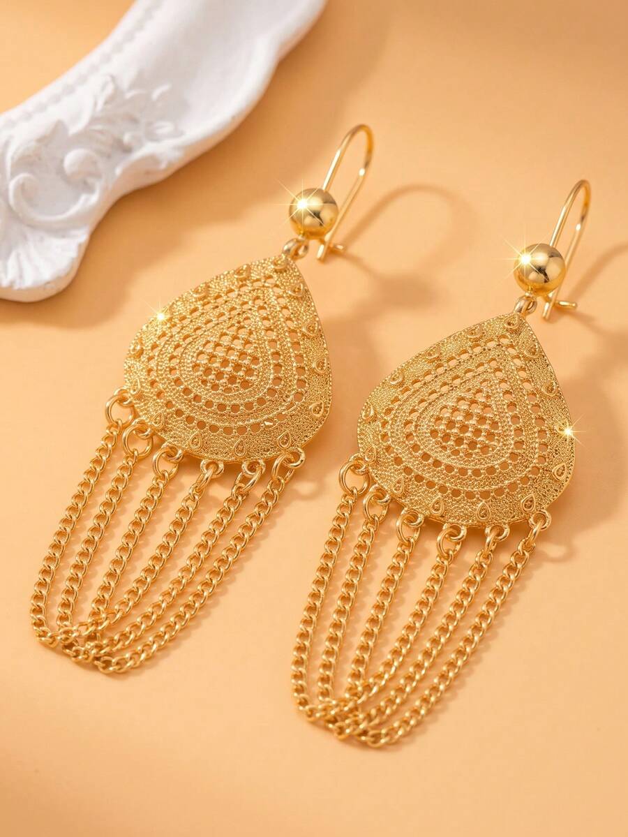 2pcs Personalized Water Drop Hollow Carved Tassel Pendant Earrings, Suitable For Women's Daily Commute Wear - Gold - View 1