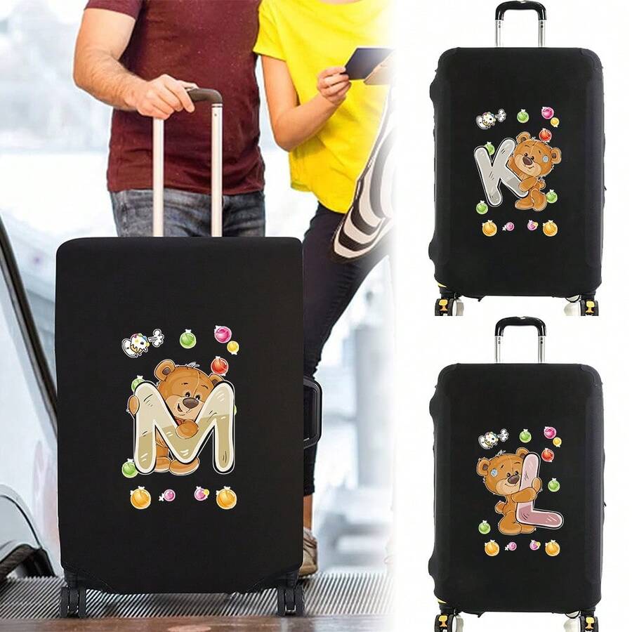Black Elastic Luggage Cover, Cartoon Teddy Bear Candy Letter Initial Print, Dustproof Luggage Sleeve, Travel Accessory, Luggage Not Included - Black - View 1