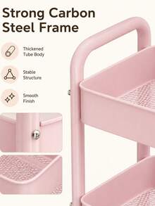 1pc 3-Tier Large Capacity Mobile Storage Cart, Storage Rack, Trolley, Metal Thickened Frame Pink Minimalist Style, With Handle, Hooks, Universal Wheels, Hollow Drainage Storage Basket, Snack, Miscellaneous, Skincare Product Storage Rack, Suitable For Bedroom, Office, Living Room, Kitchen, Bathroom, Dorm, Rental Apartment Daily Home Storage - Multicolor - View 5