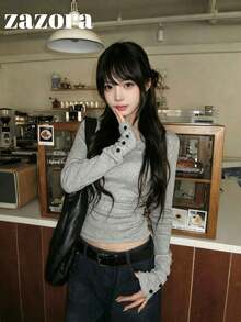 Waist-Cinched Slim Fit V-Neck Korean Style Lazy Slimming Long Sleeve Base Layer T-Shirt - Light Grey - View 1
