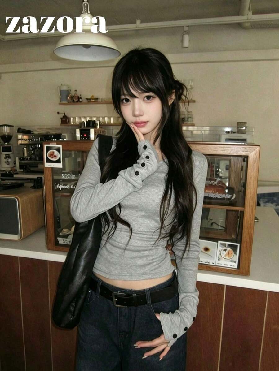 Waist-Cinched Slim Fit V-Neck Korean Style Lazy Slimming Long Sleeve Base Layer T-Shirt - Light Grey - View 1