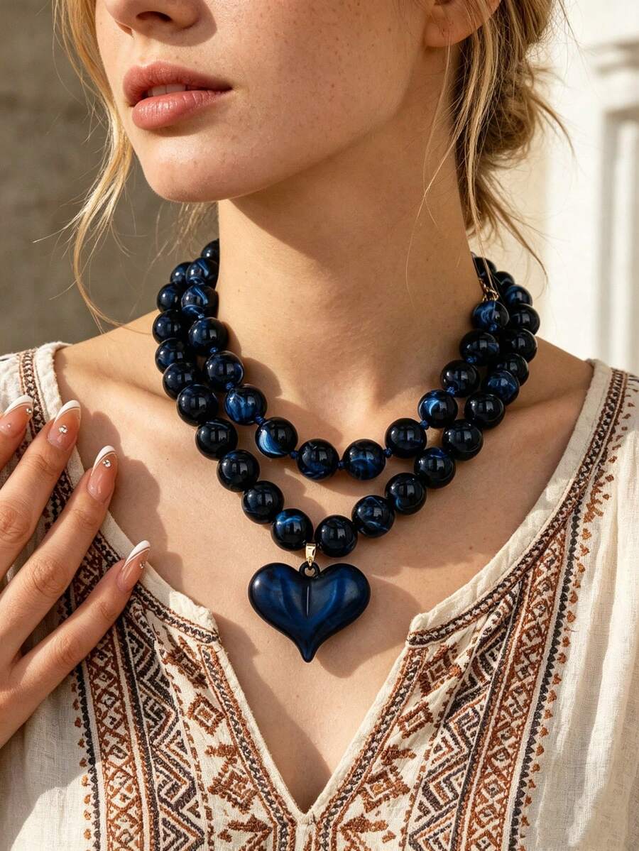 OABE 2pcs/Set Bohemian Style Heart Pendant With Blue Beaded Layered Necklace Set, Suitable For Women's Daily Wear, Holiday/Anniversary Surprise Gift - Navy Blue - View 1