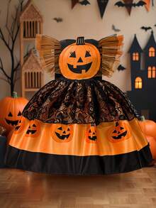 Baby Girls Flutter Sleeve Contrast Color Lace Mesh Pumpkin Pattern Cute Party Dress Suitable For Halloween, Headband Not Included - Multicolor - View 5