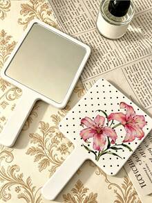 1pc Handheld Makeup Mirror, Lily Flower Pattern With Polka Dots, Square High-Definition Mirror With Handle, Portable Makeup Mirror, Suitable For Daily Makeup And Travel - Multicolor - View 9