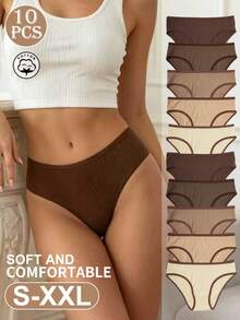 10pcs Women's Ribbed Low Waist Cotton Panties, Contrast Trim, Comfortable Striped Underwear, Suitable For All Seasons - Multicolor - View 4