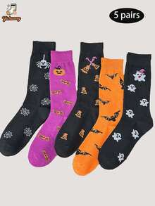 5 Pairs Men's Mid-Calf Socks, Original Funny Ins Halloween Socks, Autumn/Winter Couple Versatile Long Socks - Multicolor - View 7