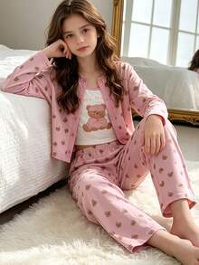 Girls 3Pcs Cute Bear Print Pajama Set,Long Sleeve Button‑Up+ Bear Graphic Cami Top + Elastic Waist Wide Leg Pants,Soft Sleepwear For Tween Girl Home Wear - Pink - View 2