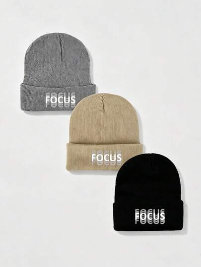 1/2/3pcs Unisex Printing "Focus"Knit Beanie Hat,Casual Warm Soft Stretchy Winter Skull Cap,Daily Outdoor Streetwear Knitted Hat For Men Women
